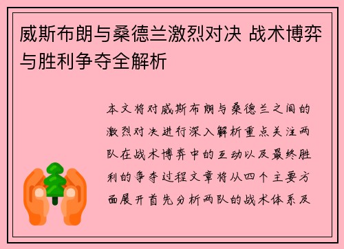 威斯布朗与桑德兰激烈对决 战术博弈与胜利争夺全解析
