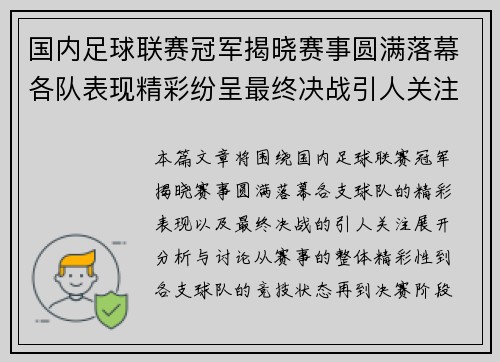 国内足球联赛冠军揭晓赛事圆满落幕各队表现精彩纷呈最终决战引人关注